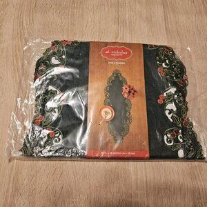 St. Nicholas Square Kringle’s Cottage Embroidered Holly Cutout Table Runner NIP